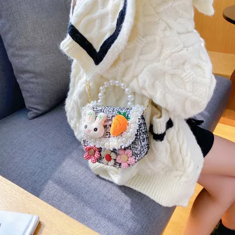 Cute Toddler Girls Mini Crossbody Bag Cotton Linen Tweed Style Purse With Artificial Pearl Handle Metal Chain Plush Rabbit Flower Decor