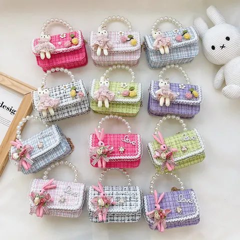 Girls Cute Cotton Linen Mini Handbag Pearl Handle Crossbody Bag With Plush Rabbit Charm Flower Decor Sweet Tweed Style Bag
