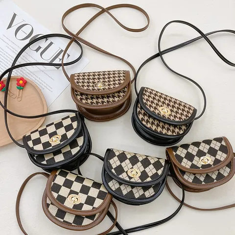 Vintage Kids Girls Mini Saddle Shoulder Bag Nylon PU Leather Houndstooth Checkerboard Argyle Pattern Metal Lock Accessory
