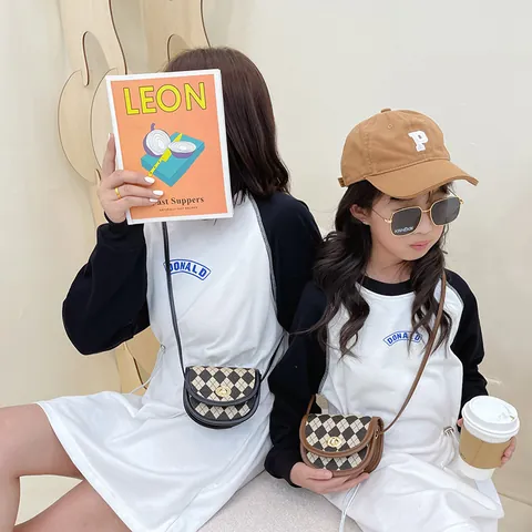 Vintage Kids Girls Mini Saddle Shoulder Bag Nylon PU Leather Houndstooth Checkerboard Argyle Pattern Metal Lock Accessory