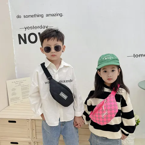 Kids Checkerboard Nylon Waist Bag Trendy Adjustable Strap Chest Pack For Boys Girls Casual Outdoor Crossbody Fanny Pack Travel Bag