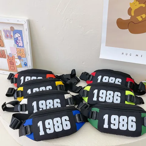 Kids Sporty Waist Bag Chest Pack With 1986 Number Print Adjustable Strap Nylon Colorblock Crossbody Bag For Boys Girls