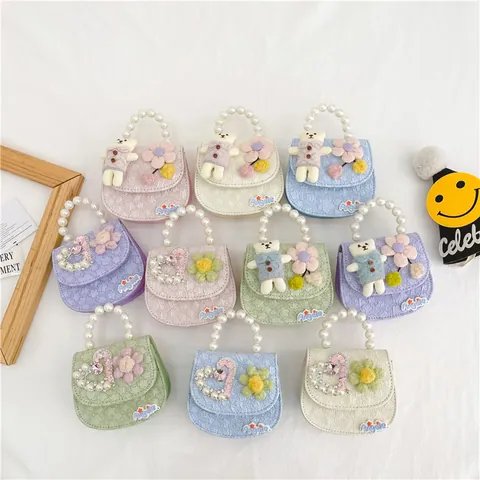 Kids Pearl Handle Crossbody Bag Cute Cartoon Bear Heart Lace Princess Mini Shoulder Bag For Girls Small Messenger Bag Gift