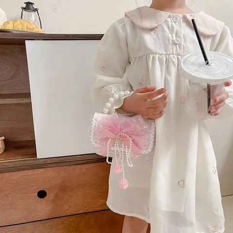 Kids Princess Pearl Handbag Lace Mesh Bow Snowflake Crossbody Bag Mini Party Purse With Pearl Handle Metal Chain For Girls