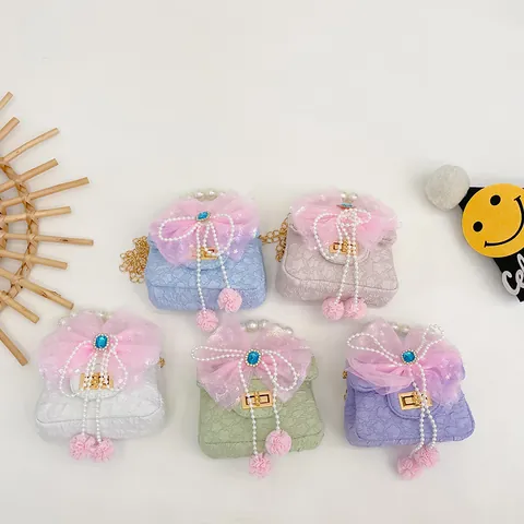 Kids Girls Princess Mini Crossbody Bag Bow Pearl Handle Rhinestone Gemstone Mesh Jacquard Texture Fashion Shoulder Bag Gift