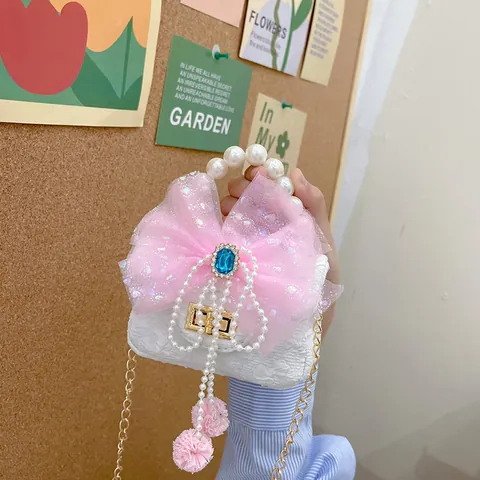 Kids Girls Princess Mini Crossbody Bag Bow Pearl Handle Rhinestone Gemstone Mesh Jacquard Texture Fashion Shoulder Bag Gift