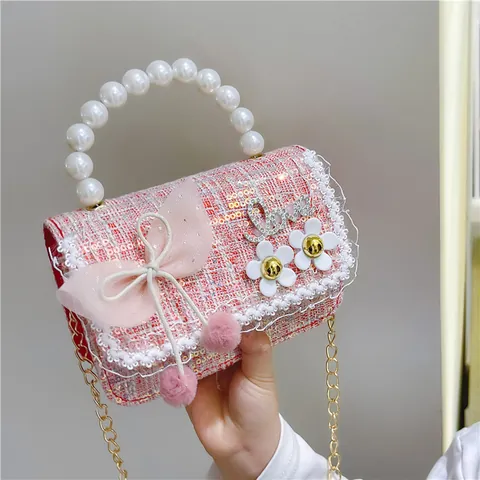 Sac Bandoulière Mini en Tweed pour Enfants Avec Poignée en Künstliche Perle Mode Paillettes Nœud Papillon Sac à Main pour Filles Princesse