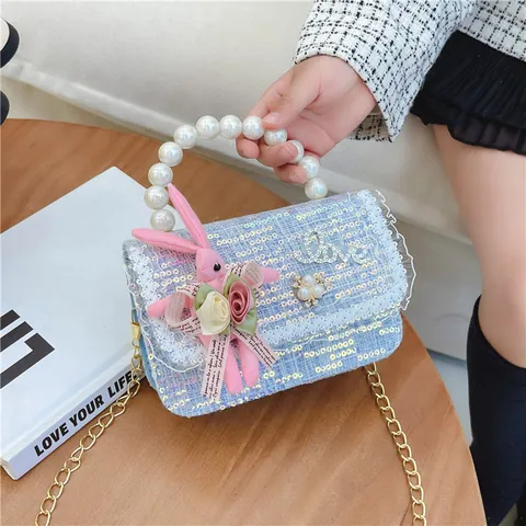 Kids Princess Mini Handbag Tweed Sequin Pearl Handle Crossbody Bag With Plush Rabbit Doll For Girls Party Gift