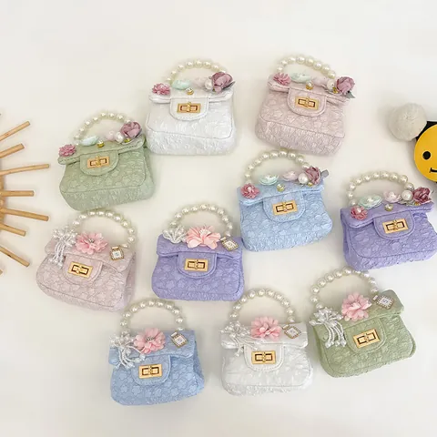Kids Girl Mini Princess Handbag Pearl Handle Flower Decor Crossbody Bag Fashion Cotton Linen Lace Chain Shoulder Bag Gift