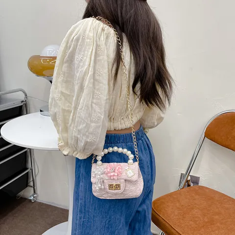 Kids Girl Mini Princess Handbag Pearl Handle Flower Decor Crossbody Bag Fashion Cotton Linen Lace Chain Shoulder Bag Gift