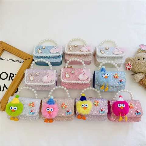 Kids Sequin Handbag Faux Pearl Handle Crossbody Bag Girl Swan Cartoon Mini Shoulder Bag Metal Chain Purse For Daily Gift