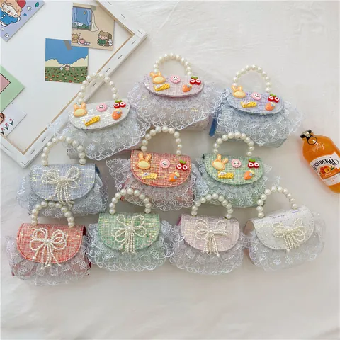 Damen Kinder Prinzessin Handtasche Perle Griff Paillette Spitze Umhängetasche Tweed Mini Messenger Bag Metallkette Party