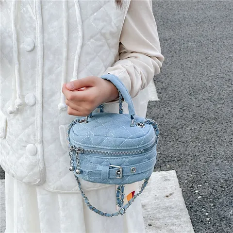 Kids Girls Fashion Denim Diamond Quilted Mini Round Crossbody Bag With Metal Chain Strap Retro Handbag Small Shoulder Bag