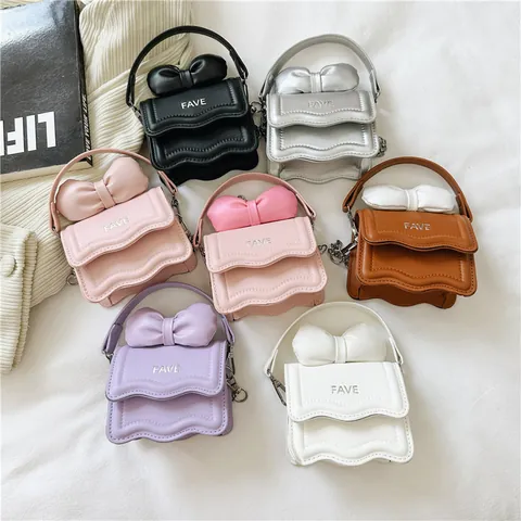 Kids Mini Square Handbag Bow Decorative Wave Edge PU Leather Crossbody Bag For Girls Women Fashion Letter Print FAVE Bag