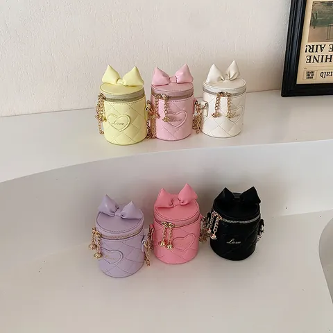 Kids Sweet Mini Bucket Bag PU Leather Quilted Diamond Pattern Bow Crossbody Bag With Metal Chain Heart Embroidery Girls