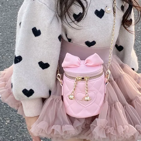 Kids Sweet Mini Bucket Bag PU Leather Quilted Diamond Pattern Bow Crossbody Bag With Metal Chain Heart Embroidery Girls