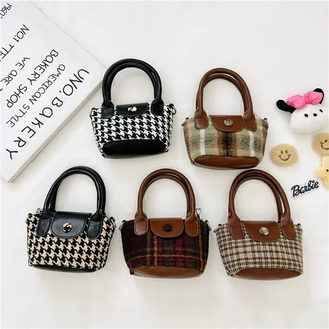 Kids Mini Plaid Shoulder Bag Nylon Tweed Texture Retro Contrast Color Handbag For Girls Children Fashion Accessories Gift