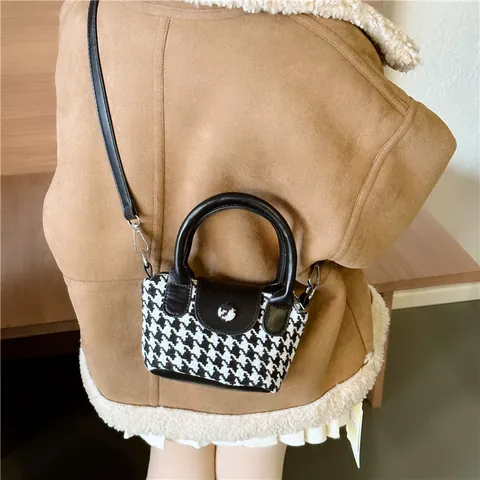 Kids Mini Plaid Shoulder Bag Nylon Tweed Texture Retro Contrast Color Handbag For Girls Children Fashion Accessories Gift