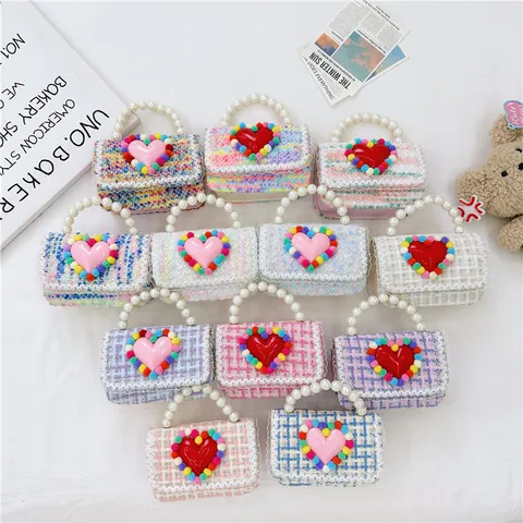 Kids Tweed Mini Crossbody Bag Pearl Handle Heart Pattern Colorful Pom Pom Decoration Lace Trim Girls Fashion Shoulder Bag