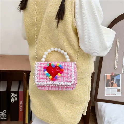 Kids Tweed Mini Crossbody Bag Pearl Handle Heart Pattern Colorful Pom Pom Decoration Lace Trim Girls Fashion Shoulder Bag