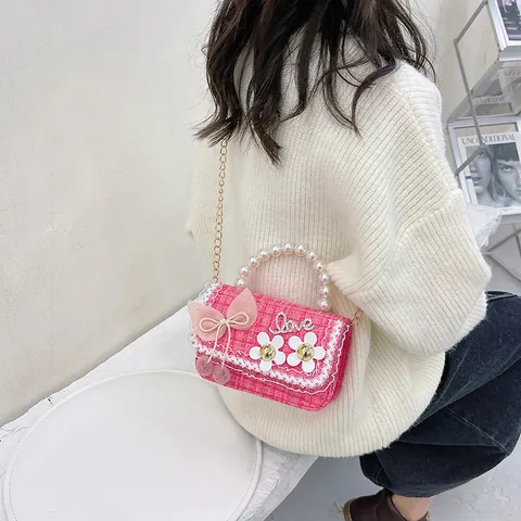 Children's Cotton Linen Tweed Plaid Shoulder Bag Cute Bow Pearl Handle Metal Chain Crossbody Handbag For Girls