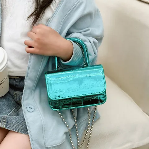 Kids Mini Crossbody Bag Fashion PU Leather Crocodile Pattern Handbag Metallic Finish With Silver Ball Chain Strap For Girls