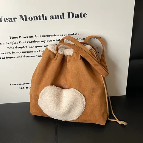 Vintage Korean Fashion Winter Suede Tote Bag For Women Fleece Patchwork Large Capacity Shoulder Bag With Drawstring Closure
