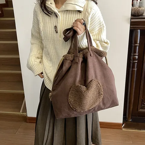 Vintage Korean Fashion Winter Suede Tote Bag For Women Fleece Patchwork Large Capacity Shoulder Bag With Drawstring Closure