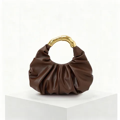 Urban Minimalist Women's Ruched Cloud Handbag PU Leather Moon Bag With Gold Metal Handle Solid Color Pleated Tote Bag