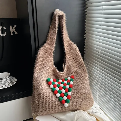Borsa Tote in Maglia di Natale per Donna Decorazione Albero Pom Pom in Peluche Borsa a Tracolla Casual Grande Capacità