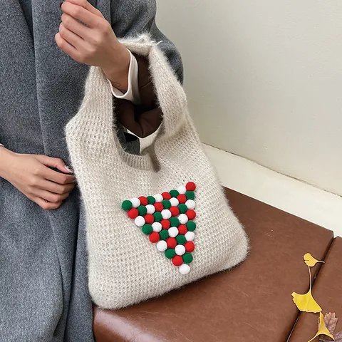 Borsa Tote in Maglia di Natale per Donna Decorazione Albero Pom Pom in Peluche Borsa a Tracolla Casual Grande Capacità