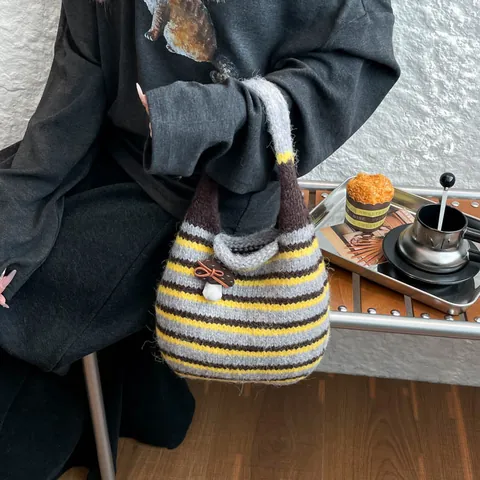 Women's Striped Knit Tote Bag With Mushroom Charm Vintage Contrast Color Hand-Woven Handbag Casual Soft Shoulder Bag