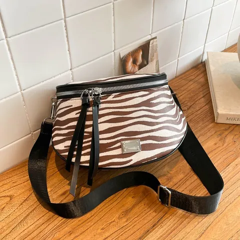 Fashion Zebra Pattern PU Leather Saddle Bag For Women Contrast Color Crossbody Bag With Tassel Adjustable Wide Shoulder Strap