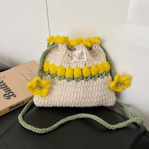 Bolso Cubo Floral de Ganchillo Hecho a Mano Bolso de Hombro de Punto con Cordón para Mujer Bolso Pequeño de Estilo Pastoral