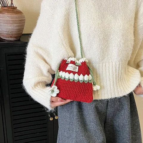 Bolso Cubo Floral de Ganchillo Hecho a Mano Bolso de Hombro de Punto con Cordón para Mujer Bolso Pequeño de Estilo Pastoral