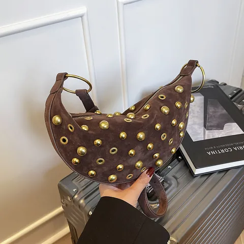 Vintage Suede Crescent Shoulder Bag For Women Rivet Studded Hollow Out Crossbody Bag Punk Style Small Half Moon Purse