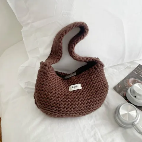 Borsa Tote in Maglia Minimalista da Donna Stile Coreano Borsa a Mano Vintage all'Uncinetto con Bottone in Corno Casual