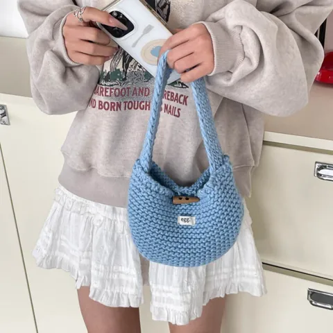 Borsa Tote in Maglia Minimalista da Donna Stile Coreano Borsa a Mano Vintage all'Uncinetto con Bottone in Corno Casual