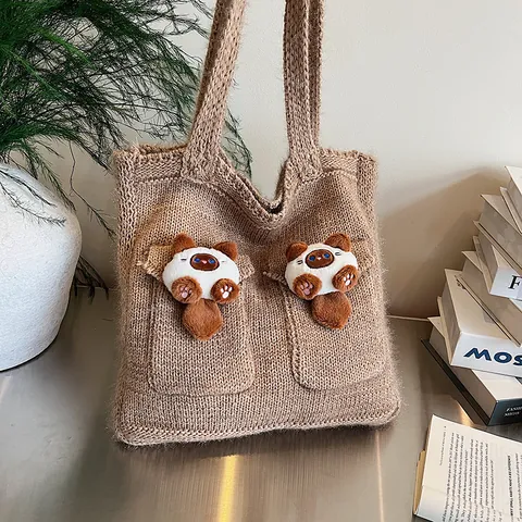Cute Cat 3D Plush Decoration Knitted Tote Bag Large Capacity Vintage Knitting Shoulder Bag For Women Daily Casual Handbag