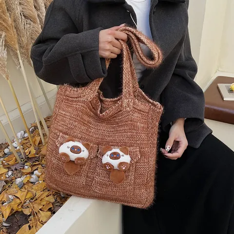 Cute Cat 3D Plush Decoration Knitted Tote Bag Large Capacity Vintage Knitting Shoulder Bag For Women Daily Casual Handbag