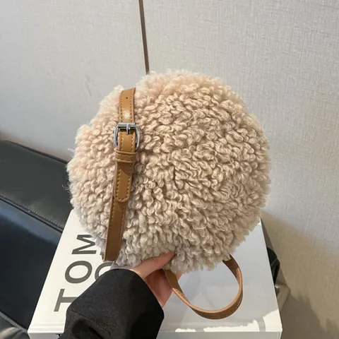 Borsa a Tracolla Rotonda in Peluche da Donna in Lana di Agnello Sintetica Teddy Fleece Piccola Borsa a Spalla Invernale Casual