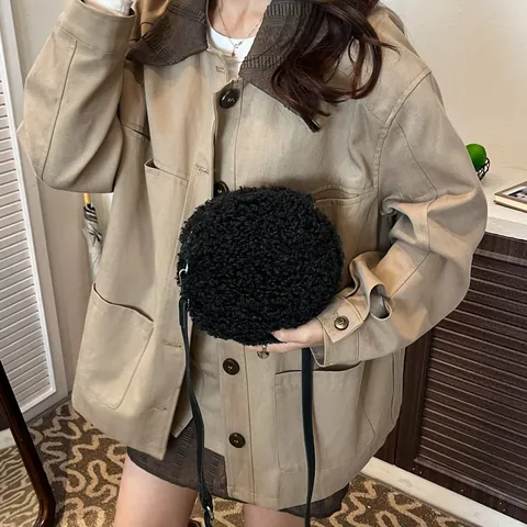 Borsa a Tracolla Rotonda in Peluche da Donna in Lana di Agnello Sintetica Teddy Fleece Piccola Borsa a Spalla Invernale Casual