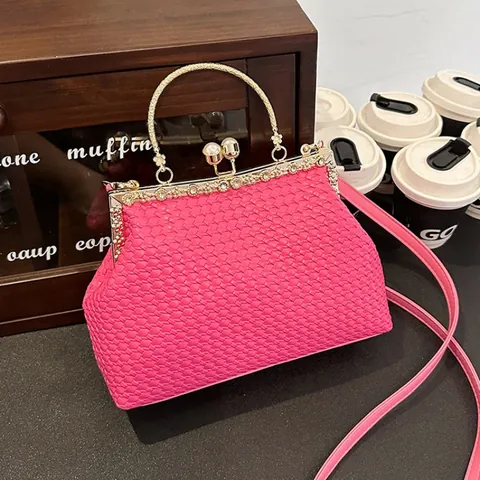 Vintage Woven PU Leather Shell Bag For Women Retro Metal Kiss Lock Handbag With Artificial Pearl Rhinestone Decor Elegant Crossbody Bag