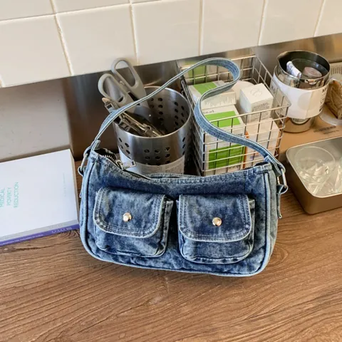 Vintage Πλυμένη Τσάντα Μασχάλης Denim για Γυναίκες Μινιμαλιστική Τσάντα Ώμου Cargo Style Με Διπλές Μπροστινές Τσέπες
