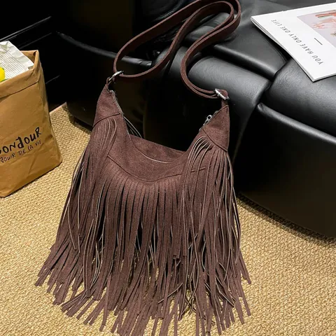 Vintage Suede Fringe Shoulder Bag For Women Bohemian Tassel Crossbody Bag Large Capacity Hobo Bag Adjustable Solid Color