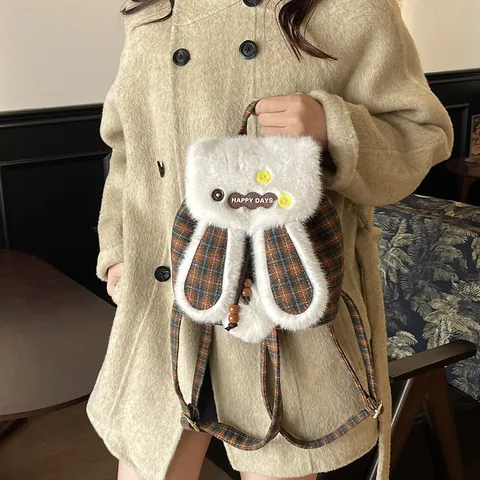 Zaino in Peluche con Orecchie di Coniglio Kawaii per Donna Ragazza Plaid Ecopelliccia Piccola Cartella con Toppa Happy Days e Pompon