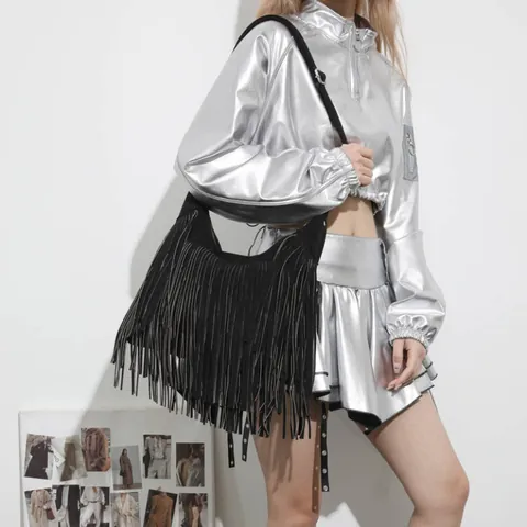 Vintage Suede Fringe Shoulder Bag For Women Bohemian Tassel Crossbody Bag Large Capacity Hobo Bag Adjustable Solid Color
