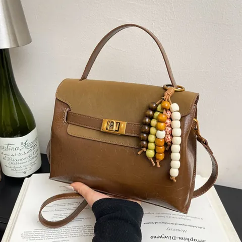 Vintage Crackle Texture PU Leather Handbag For Women Contrast Color Top Handle Bag With Bead Tassel Retro Shoulder Bag