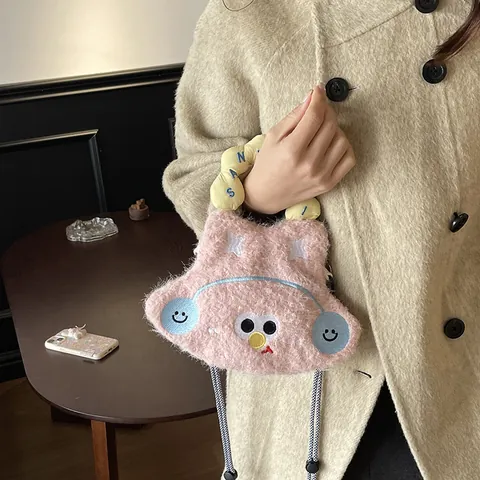 Cute Cartoon Animal Plush Shoulder Bag Women Mini Woolen Crossbody Handbag Embroidery Letter Handle Small Phone Bag Daily Gift
