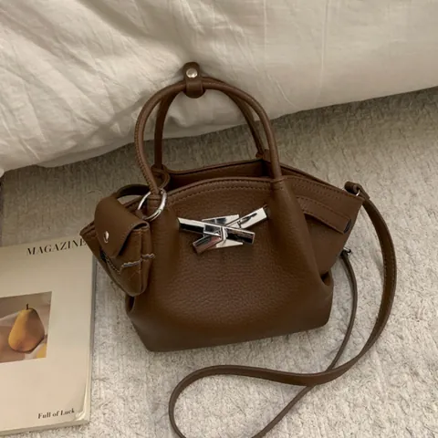 Women Retro Litchi Pattern PU Leather Handbag With Mini Pouch Silver Buckle Minimalist Shoulder Crossbody Bag For Office Daily